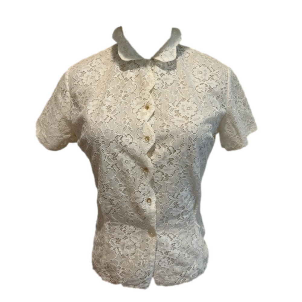 50s CREAM LACE SHORT SLEEVE BLOUSE COQUETTE FITTED SCALLOPED EDGE MCM SZ S - Picture 3 of 10